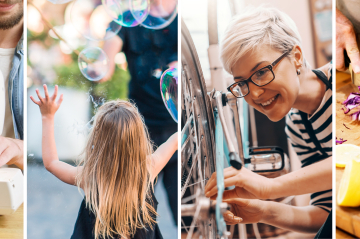 Vier Bilder: eine Person an der Nähmaschine, ein spielendes Kind, eine Person repariert ein Fahrrad, eine kochende Person