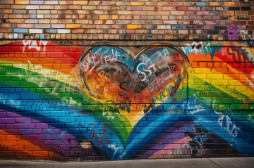 eine Wand ist mit Regenbogenfarben bemalt - in der Mitte ist ein Herz gezeichnet